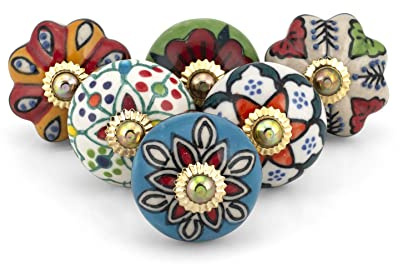 Craft Trade Assorted Multicolored Door Cabinet Knobs for Dresser Drawer Vintage Closet Ceramic Knob Colorful Pull Handles Cupboard Wardrobe Knobs for Kitchen Furniture Home Décor - Pack of 06