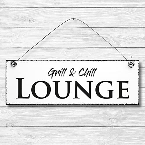 Grill & Chill Lounge - Schild Dekoschild Türschild Wandschild Holz 10x30cm - Holzschild Holzdruck Holzbild Tür Deko Schild
