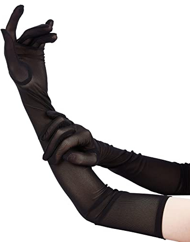 NICENEEDED 1 paio di Guanti Super Lunghi In Tulle Nero A Rete, Guanti In Pizzo Elasticizzato Semitrasparente, Guanti Da Dito per Feste Serali D'Opera per La Decorazione Del Costume Delle Ragazze