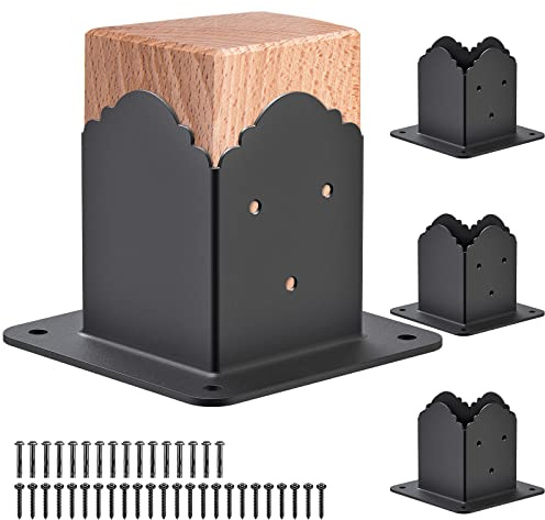 Insaga 4 Pack Fence Post Brackets, Inner Size 91 x 91mm Pergola Post Support Heavy Duty Steel Deck Post Anchor Base Bolt Down Wood Post Supports for Porch Raing/Outdoor Pavilion, Simple Style