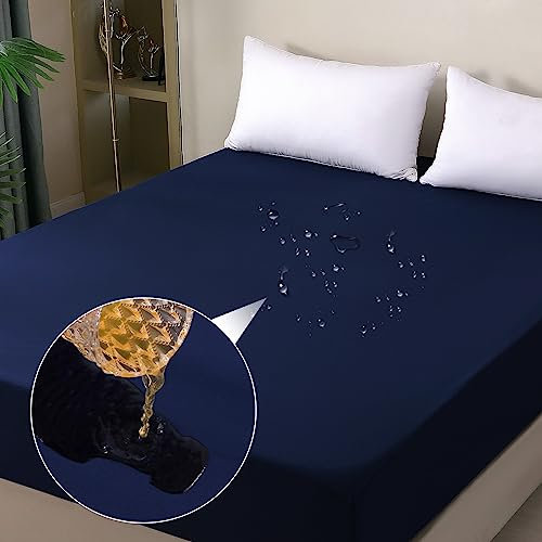 ohano Wasserdichter Matratzenschoner 140x200cm Spannbettlaken, Wasserdichter und Atmungsaktive Matratzenbezug, Inkontinenzauflage,Nässeschutz Bettlaken Spannbetttücher,für alle Jahreszeiten-Dunkelblau