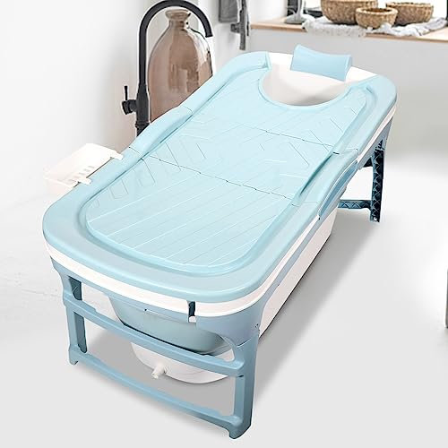 Izrielar Faltbare Badewanne für Erwachsene - Praktisch mobile Badewann mit abnehmbarem Deckel sowie Seifenablage und Nackenstütze ausgestattet, Größe L, 118 * 60 * 50cm, Blau