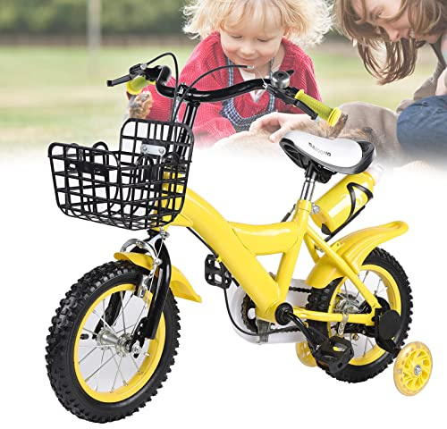 WSIKGHU 12 Zoll Kinderfahrrad Jungen Mädchen Fahrrad Anfängerfahrrad Kinder Bike mit Stützrädern und Korb, Geeignet für Kinder im Alter von 2-5 Jahren (Gelb)