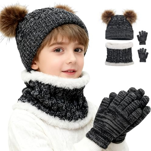 Balakaka 3 in 1 Kinder Wintermütze Schal Handschuhe Mädchen Set,3 Stück Kindermütze Strickmütze Kinder Mütze Schal Set für 2-8 Jahre,Warme Winter Beanie Hut Handschuhe runder SchalSet,Schwarz