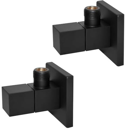 Coppia di valvole d’arresto nero opaco con attacchi 1/2”G x 3/8”G, design squadrato con leva di comando e connessioni standard
