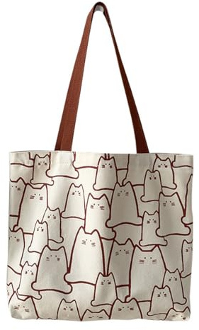 LEEQ Borsa Tote in Tela da Modello Gatti - Borsa con Cerniera, Borsa in Tela, Borsa per la Spesa Riutilizzabile in Cotone con Tasca, Carina Borsa da Spiaggia estetica per Donne Come Regalo, Bianco