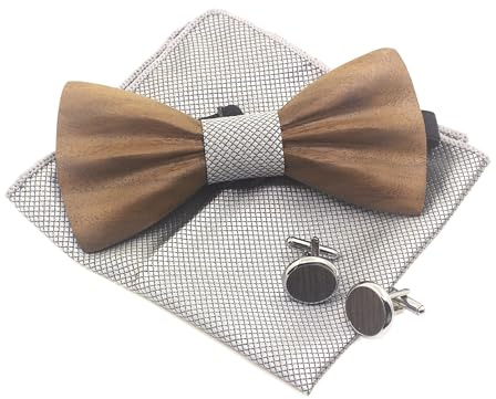 Cyriacus Pajarita de Madera Hombres Ajustable fácilmente Estilo Clásico Caja de Madera Gemelos Pañuelo y Pajarita para Bodas y Negocios