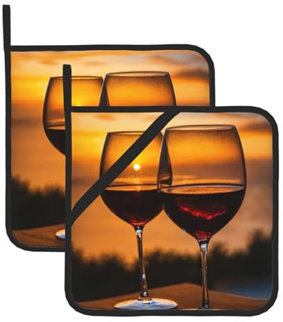 Lot de 2 maniques résistantes à la chaleur pour cuisine, pâtisserie, barbecue - Motif vin rouge