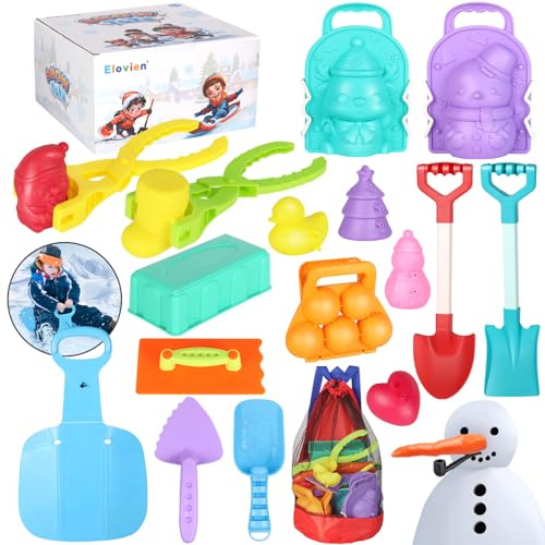 Elovien Snow Toys Snowball Maker 32Pcs Snow Molds for Kids Outdoor with Foldable Snow Sleds, Long Shovels Tool, Snowman Kit, Snow Brick Maker, Winter Travel Toys for Toddlers Adults Snow & Sand Play