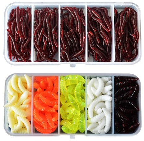 Cosswe 350 Stück Künstliche Köder Würmer Fisch, Angelköder Set mit 150 Mehlwürmern und 200 kleinen Regenwürmern, Weiche Kunststoffwürmer, Ideal für Karpfen, Graskarpfen und Karausche