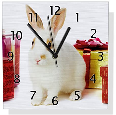 Wallario Design Wanduhr Süßes Kaninchen mit bunten Geschenken aus Aluverbund, Alu-Uhr Größe 30 x 30 cm, Schwarze Zeiger mit Metalloptik