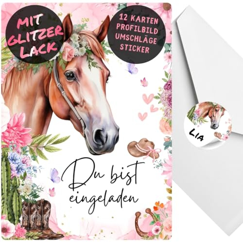 celebr8te 12x Pferde Glitzer Einladungskarten - Für den Kindergeburtstag von Mädchen - Partyeinladungen für Geburtstage mit Pferde Motiv + 12 Umschäge +12 Sticker