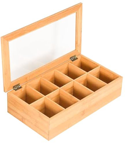 KARAT - Boite à thé en Bambou - Coffrets à thé avec fenêtre Transparent - Boîte Anti-humidité Anti-moisissures pour épices - Coffret de Rangement avec Compartiments (20P x 36,7L x 9H cm - Florida)