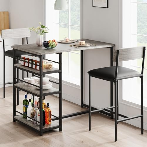 Litake Bartisch mit Barhocker Set, Stehtisch mit 2 Barhockern und 3 Seitenregalen 3 TLG. Esstisch Set Küchentisch Sitzgruppe Industriell für Esszimmer, Küche, Wohnzimmer, Grau