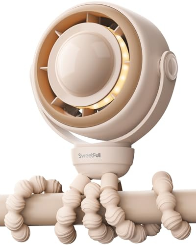 SWEETFULL - Ventilador silencioso para cochecito de bebé, 4000 mAh, recargable con clip, giratorio de 360 °, mini ventilador portátil con pantalla LED y luz nocturna para cochecito, asiento de coche y