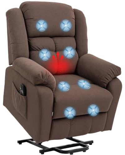 HOMCOM Fernsehsessel mit Aufstehhilfe USB-Anschluss TV-Sessel Dunkelbraun | Elektrischer Relaxsessel mit Liegefunktion, Wärmefunktion, Massagefunktion Massagesessel, Fernbedienung, Seitentasche