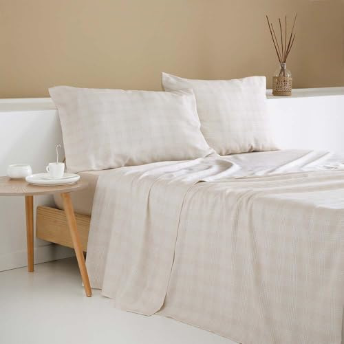 COTTON ARTean Juego sabanas Cama 105 ALGODÓN SATÉN 200 Hilos NERVION Beige | Incluye 3 piezas: Encimera, 1 Funda de Almohada, Bajera Ajustable. Certificado OEKO-TEX