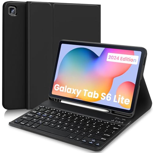 Keyboard Case for Samsung Galaxy Tab S6 Lite 10.4 2024, Black | Leather Cover with Magnetically Detachable Wireless Keyboard with S-Pen Holder for Galaxy Tab S6 Lite 10.4 2024/2022/2020
