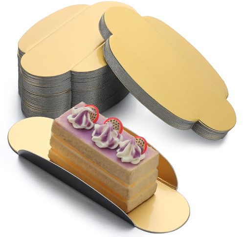 Patelai 200 Pcs Mini Ovale for Eclair Oval Foldable Paper Cake Board Dessert Cardboard Plates Black and Gold Mousse Cake Bases Cardboards for Dessert Pastry Display Trays