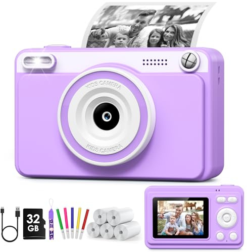GREENKINDER Macchina Fotografica Bambini 2.4 Pollici Regalo per età 3-14 | HD 1080P Fotocamera Digital per Bambini, 32 GB e 5 Rotoli Carta, Regalo per Bambino da 3 4 5 6 7 8 9 10 11 12 13 14, Viola