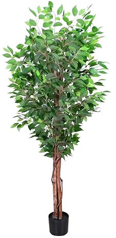 Lifelike Artificial Trees Ficus with Natural Wood Trunks and Vines, Evergreen Silk Faux Ficus Trees Home Decor Indoor for Living Room, Porch, Office (1, 6FT)