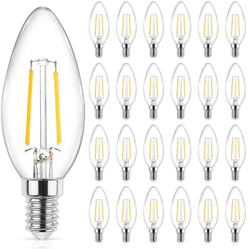 Ascher E12 LED Classic Candelabra Clear Light Bulb, 4W, Equivalent 40W, Warm White 2700K, Non-Dimmable, Filament Clear Glass, Pack of 24
