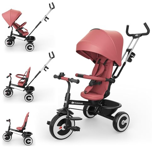 Kinderkraft ASTON 2 PRO Tricycle, 360° Rotating Seat, Reclining Both Directions, Adjustable Parent Handle, Freewheel Pedals, Canopy with Window, 9 Months to 5 Years, Pink