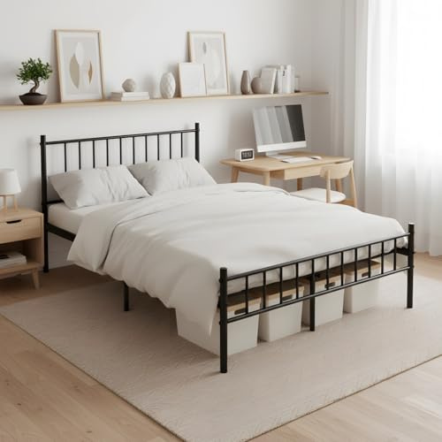 ZECIIYE Cadre de Lit 120x190 cm avec Sommier Métal, Lit Metal Noir avec Tête et Pied pour Chambres d’Enfants Chambres d’Adolescents et Dortoirs, Espace de Rangement au Dessous (120x190cm, Style C)