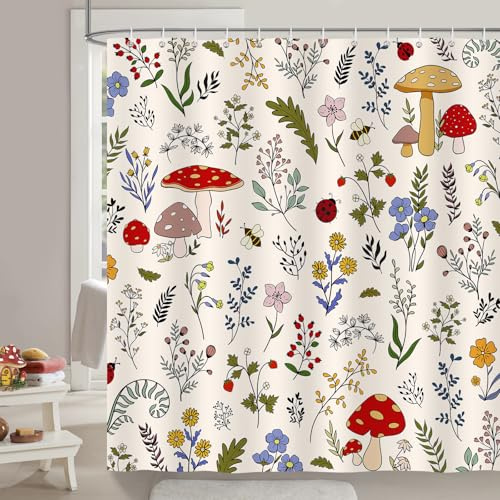 COZZSNUGE Duschvorhang 180 x 180 cm Vintage Pilz, Bunte Blume Blätter Pflanze Boho Beige Duschvorhänge Anti-schimmel Wasserdicht Polyester Stoff Badvorhang mit 12 Duschvorhangringen