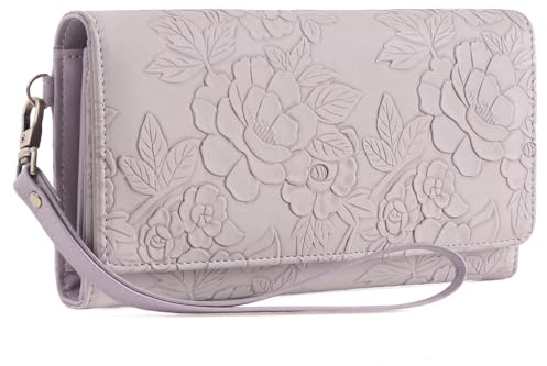 GAEKEAO Geldbörse Damen mit Blumenprägung, PU-Leder Portemonnaie Gross, Dreifach Gefaltete Geldbeutel mit Abnehmbare Handgelenk, Großkapazitänische Damen Handgelenktasche mit RFID-Schutz, Clutch