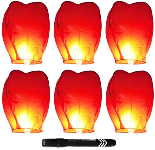 6Pcs Chinese Sky Lanterns, Lanterns to Release in Memory, Red Lanterns for Outdoor Celebrations, Ideal for Weddings Anniversaries and Valentine's Day