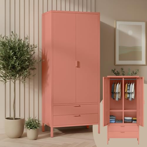 skølm Ituri Metallschrank 80 cm breit, Terrakotta, 2 Schubladen, 6 Fächer | 2 Kleiderstangen, Kleiderschrank, Garderobenschrank für Flur, Schlafzimmerschrank Industrial Style, Stahlschrank, Büroschrank