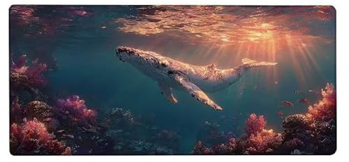 Alfombrilla Ratón XXL 900x400x3mm, Tapete Rato Ballena,Coral Gaming Mouse Pad Impermeable, Bordes Cosidos, Grande Mousepad con Base de Goma Antideslizante Protector de Escritorio Accesorios I-3081
