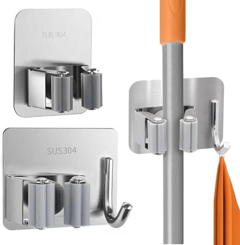 AEUXZA Lot de 4 Porte-Balais Muraux Autocollants - 2 avec Crochets & 2 Sans - Support Balais en Acier Inoxydable Sans Perçage - Accroche Balai Mural pour Cuisine, Salle de Bain & Jardin (Argenté)