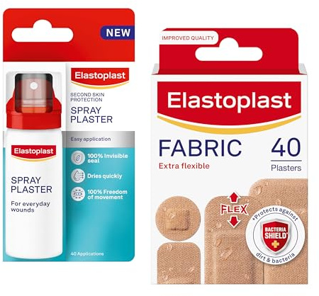 Bundle of Elastoplast Extra Flexible Fabric Plaster Strips (40 Pieces) + Elastoplast Spray Plaster for Wounds (40ml), Wound Protection Duo, Water-Resistant Care