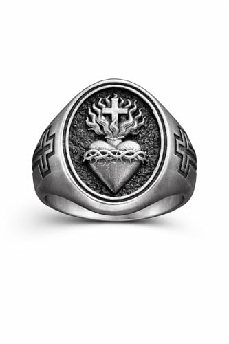 Anillo de plata de ley 925 con corazón, corona de espinas y llamas, símbolo de fe, amor y sacrificio