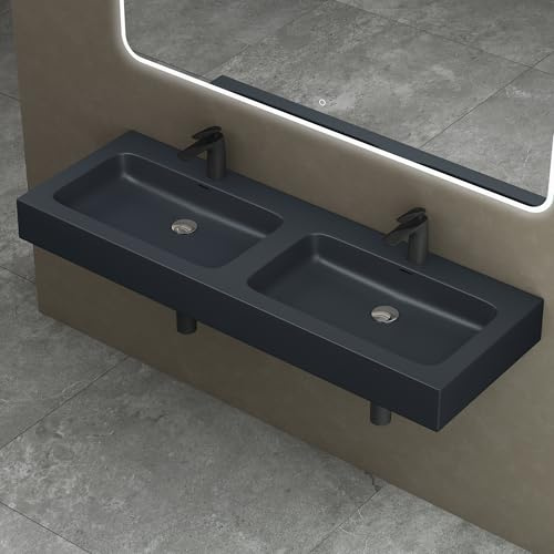 doporro Double Lavabo à Poser Gris Noir Mat 140cm Vasque pour 2 Lave Mains pour Salle de Bains 140x48x13 Colossum830