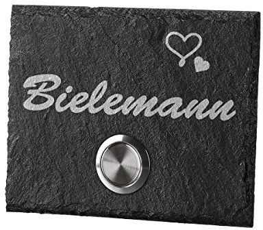 polar-effekt Personalisierte Türklingel aus Schiefer - 100x80 mm Klingelschild mit Gravur - Klingelknopf OHNE LED - Klingelplatte Geschenk zum Einzug [mit Silikon] Motiv: Herzen