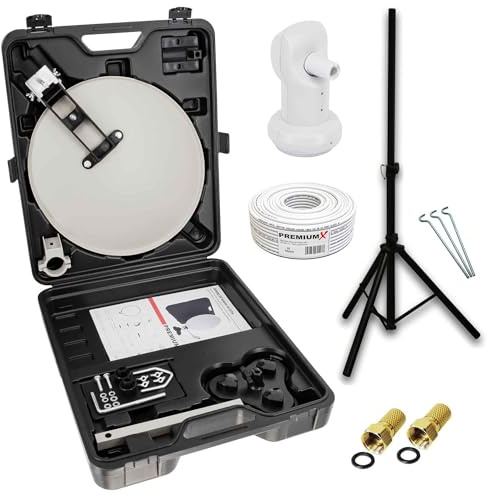 PremiumX Camping TV SAT Anlage Satelliten-Schüssel Single LNB 10m Kabel F-Stecker im Koffer Camp Stativ