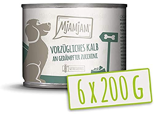 MjAMjAM - nourriture humide premium pour chiens - excellent veau aux courgettes vapeur, pack de 6 (6 x 200 g), sans céréales avec supplément de viande