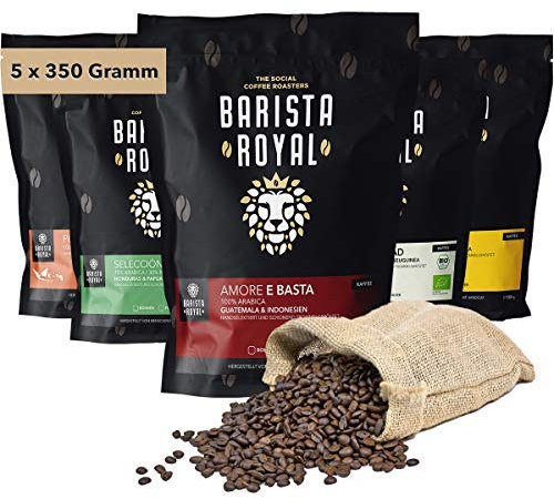 Kaffee Probierset ganze Bohne 5 x 350g | Kaffeebohnen Entdeckerpaket im Geschenkset | Arabica | fair | vegan | Ideal für Vollautomat, Filtermaschine, Handfilter und French Press | BARISTA ROYAL