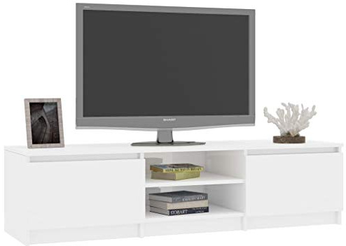Mobile Porta TV, design moderno con 2 ante e 2 scomparti aperti, 140 x 40 x 35,5 cm, in legno multistrato, bianco lucido, per soggiorno e camera da letto