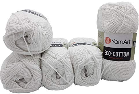 5 x 100g Strickwolle YarnArt Eco Cotton mit 85% Baumwolle, 500 Gramm Wolle einfarbig (weiß 760)