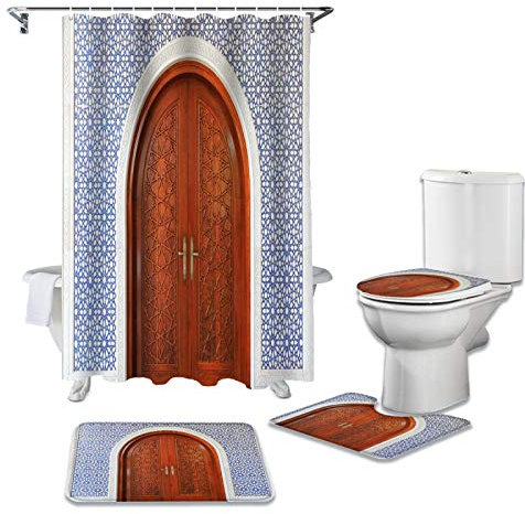 BANLV Bathroom Waterproof Shower Curtain Wooden Door Tiles Pattern Pedestal Rug Lid Carpet Toilet Cover Set Bath Curtain Mat Set