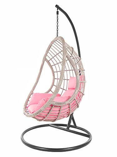 Kideo® Komplettset: XXL Hängesessel mit Gestell & Kissen, Indoor & Outdoor, Poly-Rattan, grau-beige (Kissen: Nest rosa [3002 Lemonade])