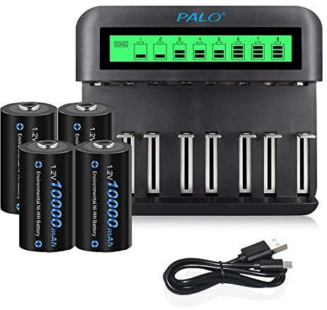 CITYORK Caricabatteria universale LCD, per batterie 8 AA/AAA o 4 C/D, canale di ricarica indipendente da Fast Charger, con 4 batterie D da 10000 mAh