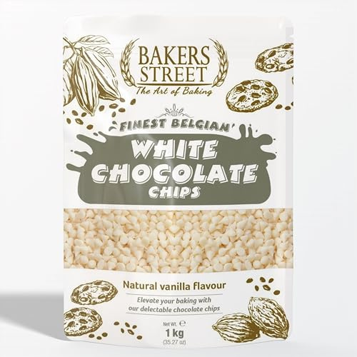 Bakers Street White Chocolate Chips 1Kg BakeStable Chocolate For Baking & Desserts - Ideal for Cakes, Cookies, Muffins, Decorating