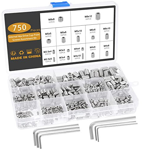Gueenky 750 Stück Madenschrauben Set, M2,5 M3 M4 M5 M6 M8 Madenschrauben Edelstahl Wurmschraube Sechskantkopf Inbusschraube Sortiment Set mit Inbusschlüssel