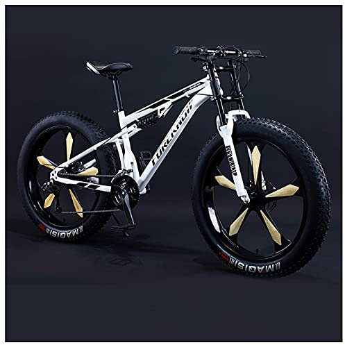 REOTEL 26 Zoll Mountainbike Herren Damen Mountainbike Fatbike, 7/21/24/27/30 Gang-Schaltung Erwachsene Fette Reifen Fahrrad, Rahmen Kohlenstoffstahl Vollfederung Bike,White 5 Spoke,24 Speed