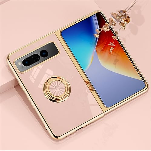 EYZUTAK Electroplated Magnetic Ring Holder Case for Google Pixel Fold, 360 Degree Rotation Metal Anti-fall Finger Ring Holder Magnet Car Holder Slim Soft Silicone Shockproof Back Cover - Light Pink